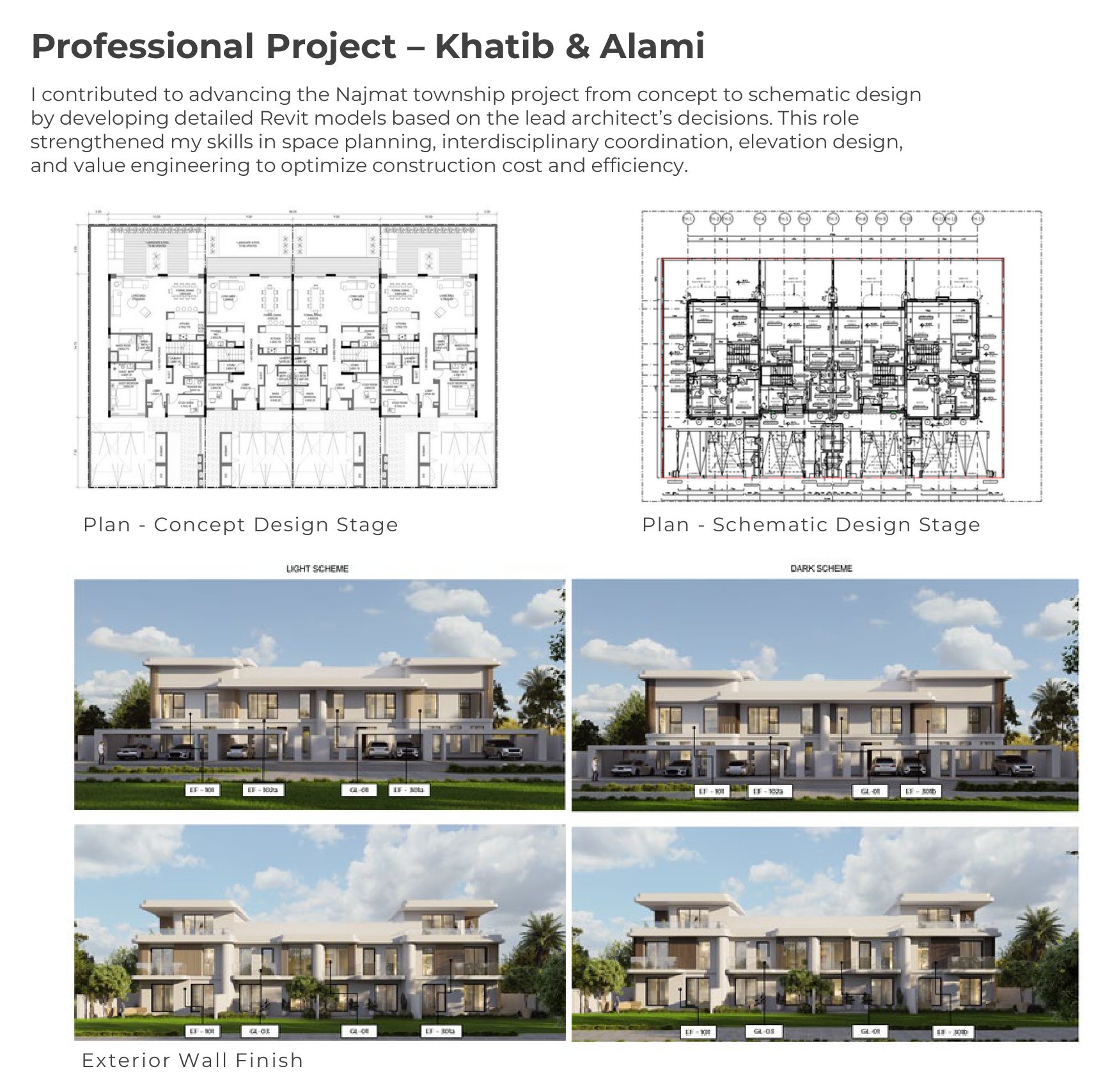 Concept and schematic plans, exterior finishes